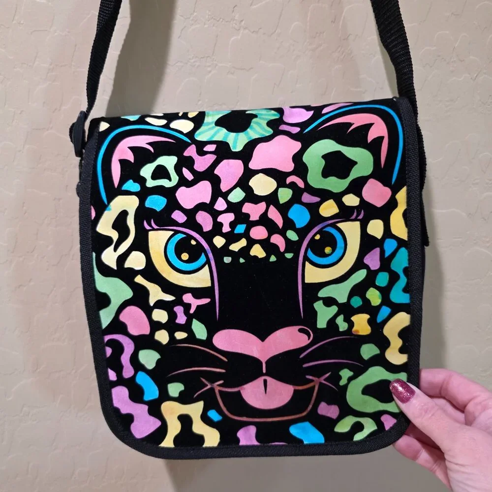 Peachtree Playthings Black Velvet Canvas Neon LION CAT Messenger Crossbody Bag